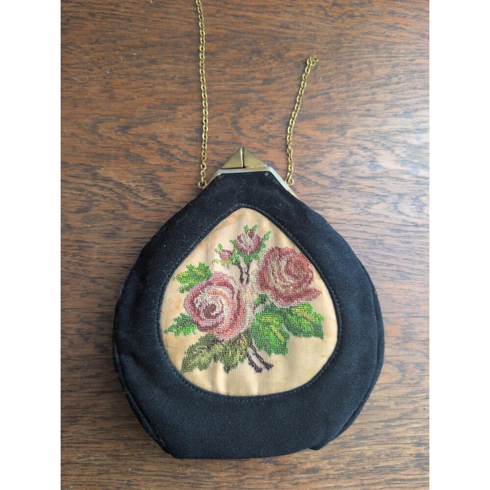 VTG Small Black Needlepoint Petit Point Roses Evening Bag Clutch Purse Womens